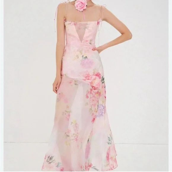For Love & Lemons Lisa Sheer Floral Maxi Dress Pink Size XS - Picture 2 of 8